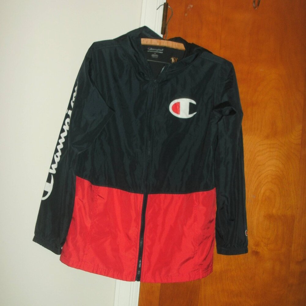Champion Boys Youth Size L Hooded Windbreaker Jacket Navy Blue Red Lightweight